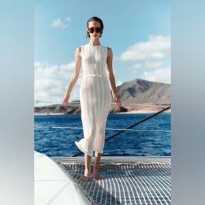 Zara White Knit Crochet Maxi Dress Cover-Up Size Small NWOT